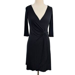 Dressbarn Wrap Dress Womens Size 4 Black Stretch Flowy 3/4 Sleeve Career Office